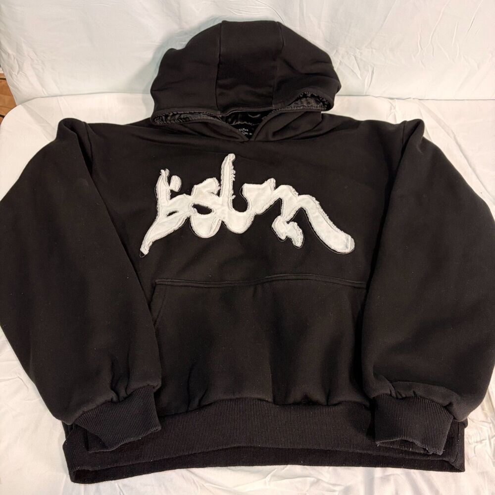BSLM Clothing Heavyweight Black Satin Lined Patched Logo Hoodie Size L